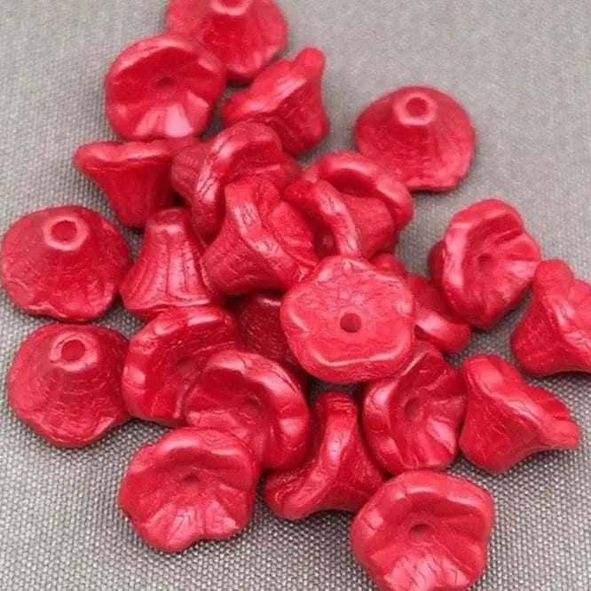 25 Red Coral Czech Bell Flower Glass Beads