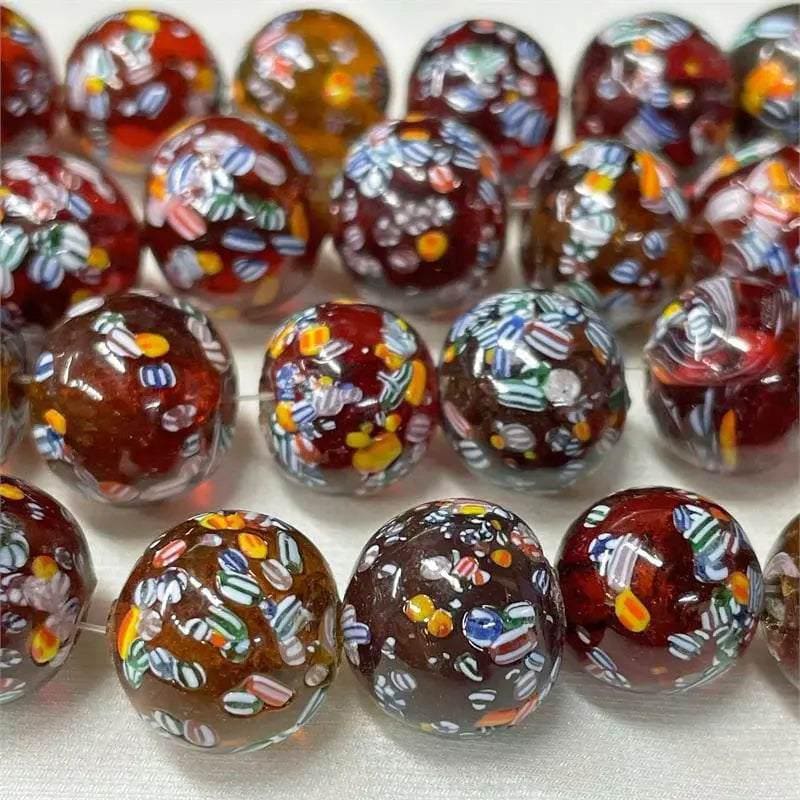 6 Vintage Amber Millefiori Baroque Glass Beads