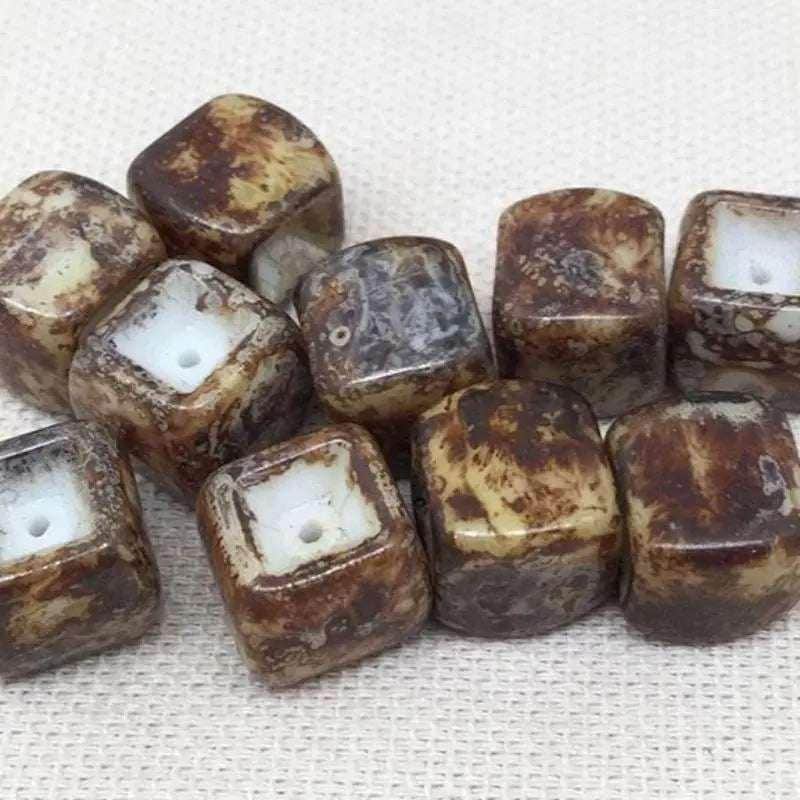 10 Vintage Brown Golden Austrian Picasso Cube Glass Beads