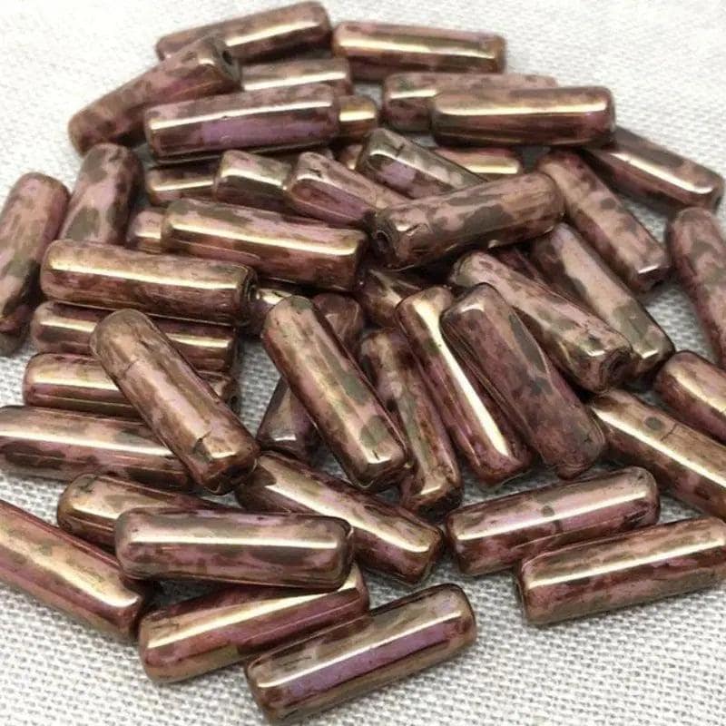 25 Vintage Brown Pink Picasso Tube Glass Beads