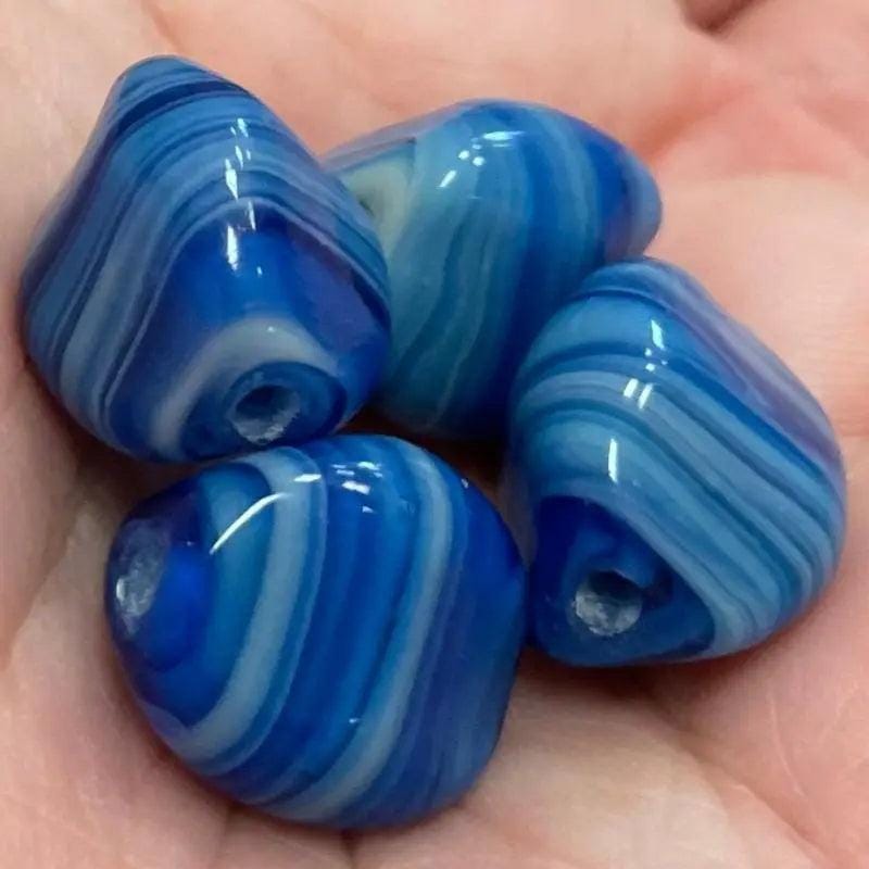 4 Vintage Blue Japan Baroque Striped Glass Beads