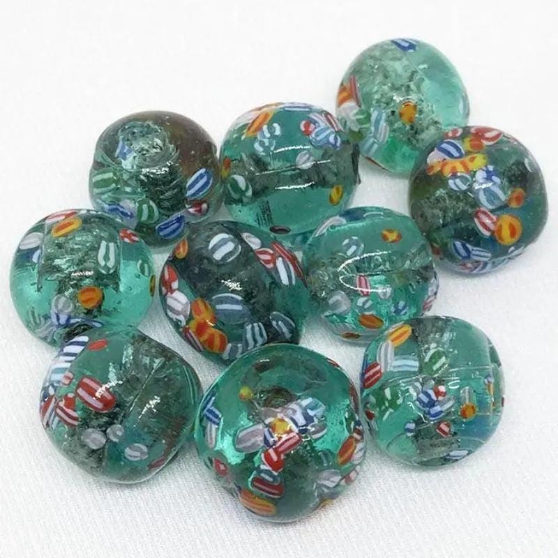 6 Vintage Green Aqua Millefiori Glass Beads
