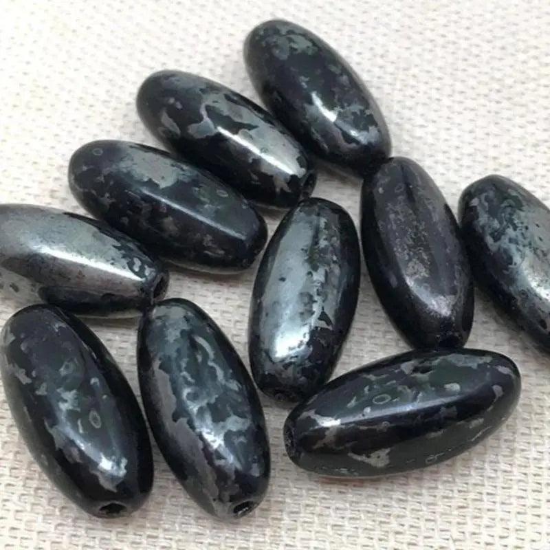 20 Vintage Black Silver Picasso Oval Austrian Glass Beads