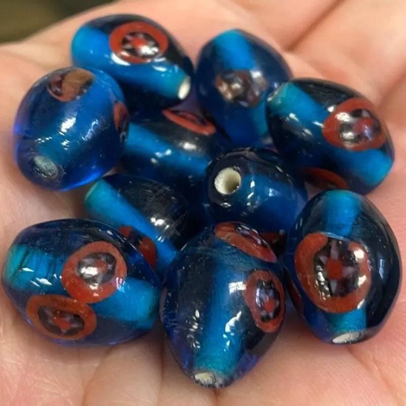 10 Vintage Blue Aqua Dark Abstract Oval Glass Beads