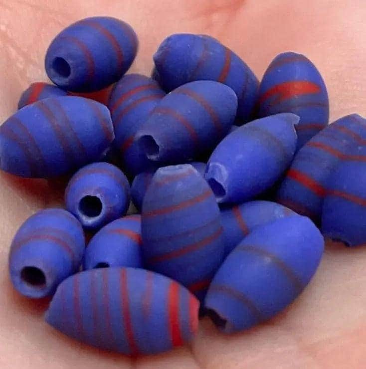 50 Vintage Blue Red Japan Matte Striped Oval Glass Beads