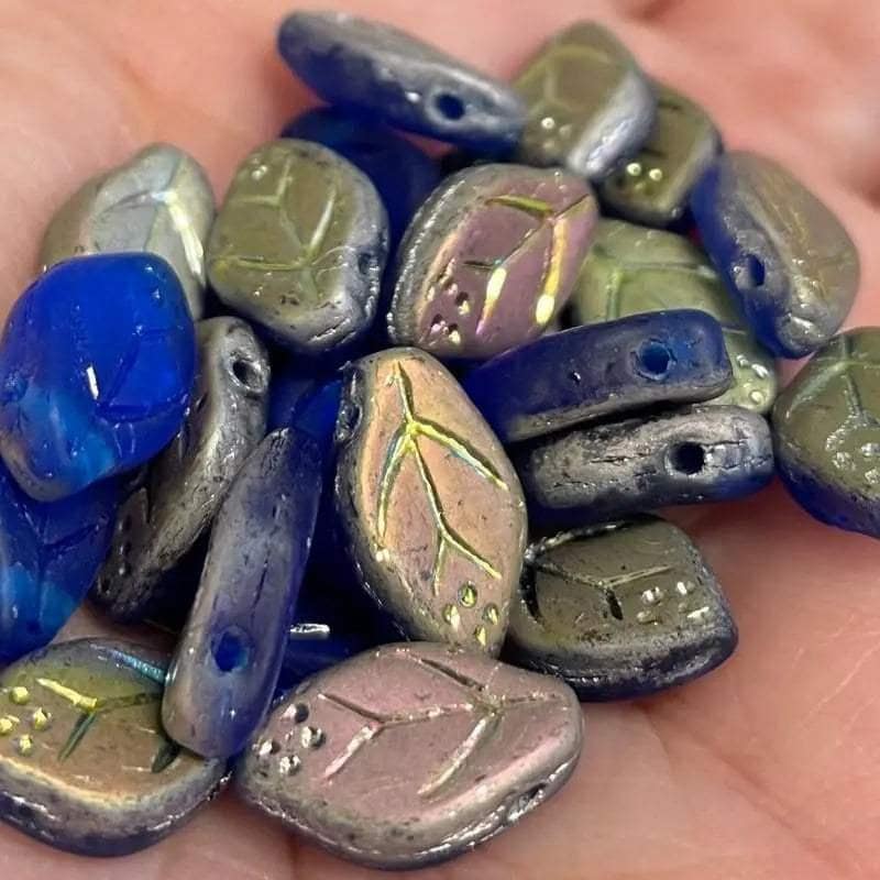 25 Blue Cobalt AB Czech Matte Leaf Glass Beads