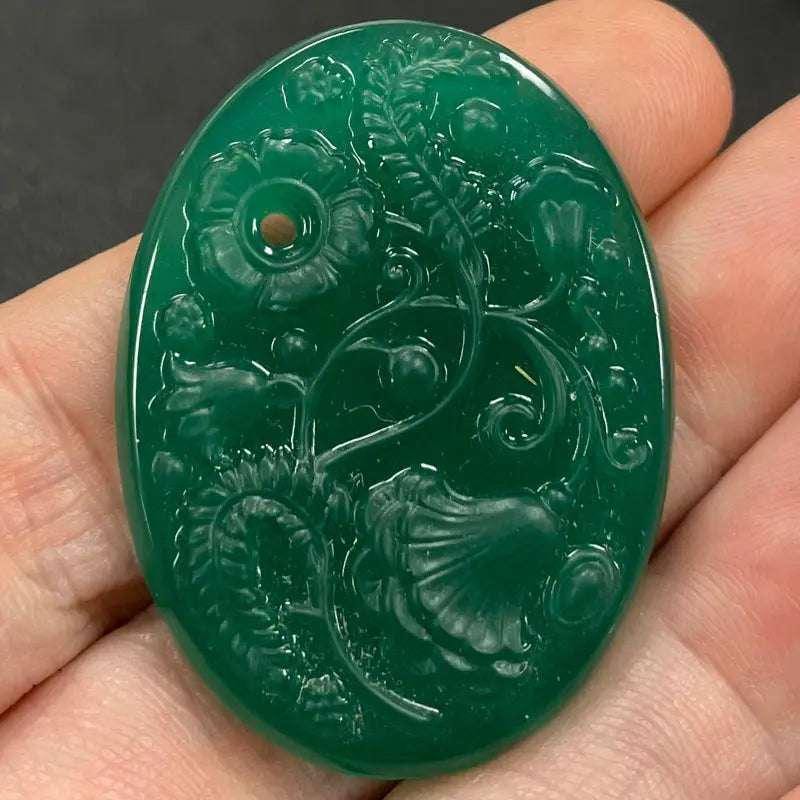 1 Vintage Green Jadeite Japan Floral Oval Glass Cabochon