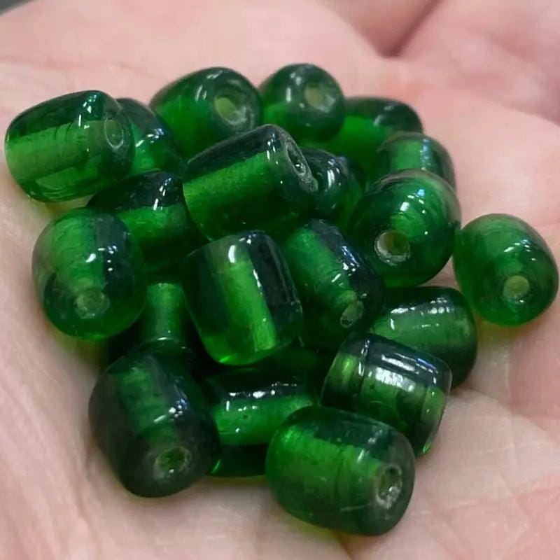 25 Vintage Green Barrel Glass Beads