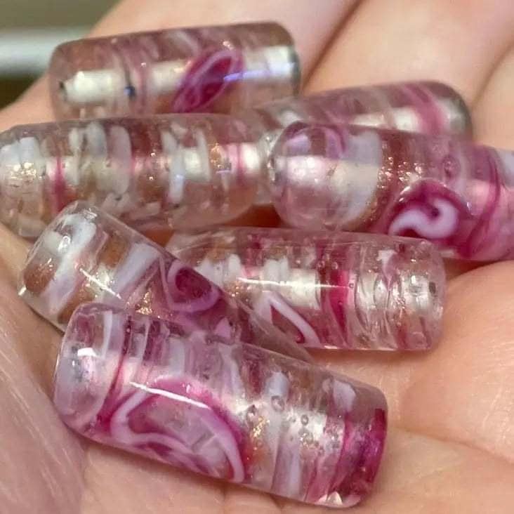 8 Vintage Pink Rose Metallic Cylindrical Glass Beads