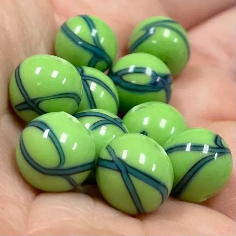 10 Vintage Green Blue Japan Ribbon Round Glass Beads