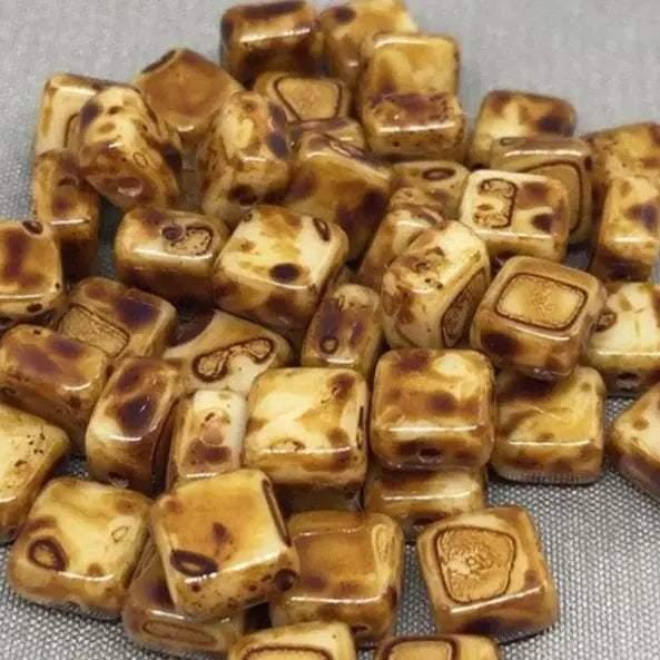 40 Gold Brown Picasso Czech Tile Square Glass Beads