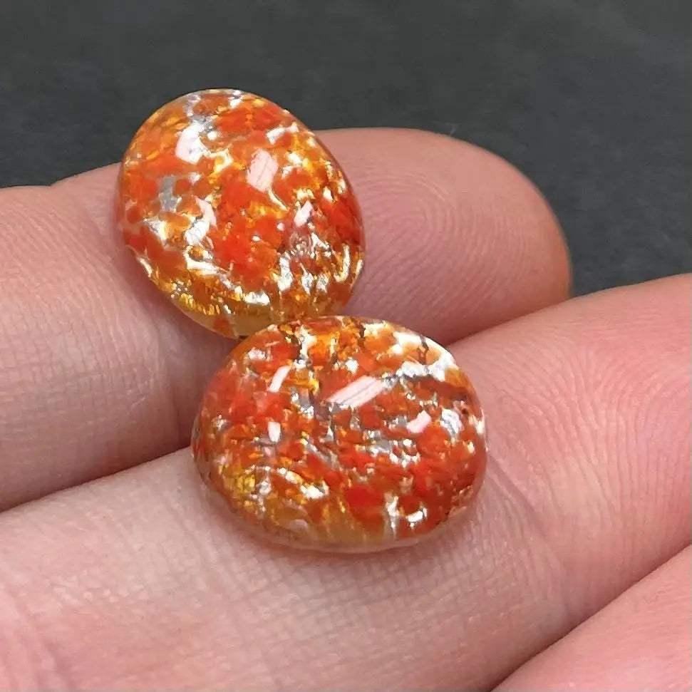 4 Vintage Coral Foil Japan Oval Glass Cabochons