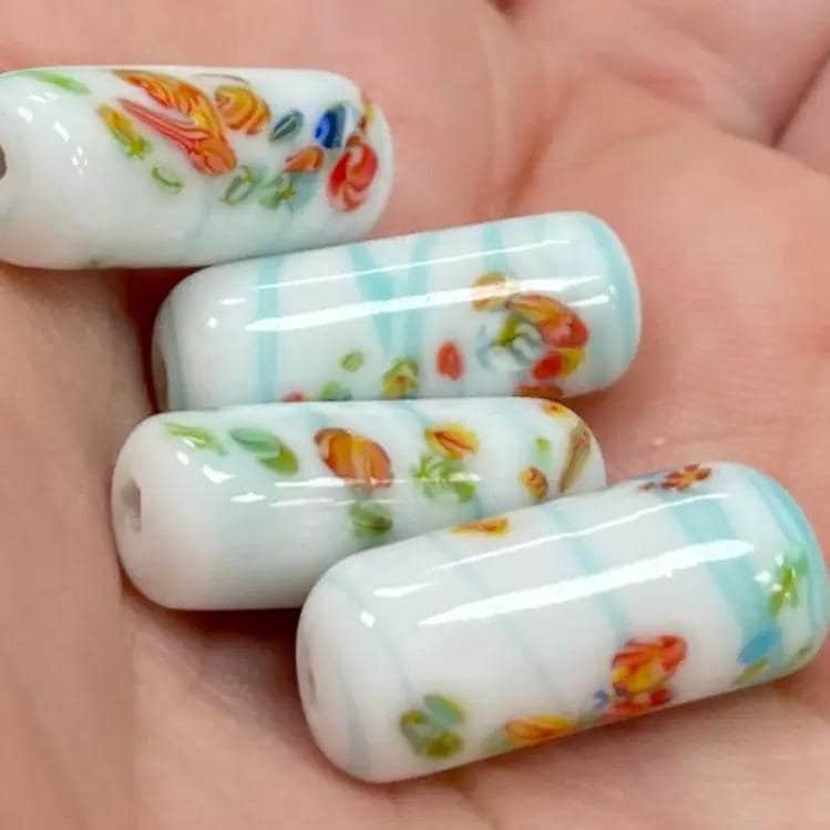 4 Vintage Japan White Aqua Striped Floral Millefiori Tube Glass Beads #9379