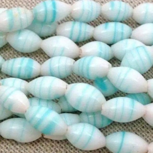 50 Vintage Blue Aqua White Japan Striped Oval Glass Beads