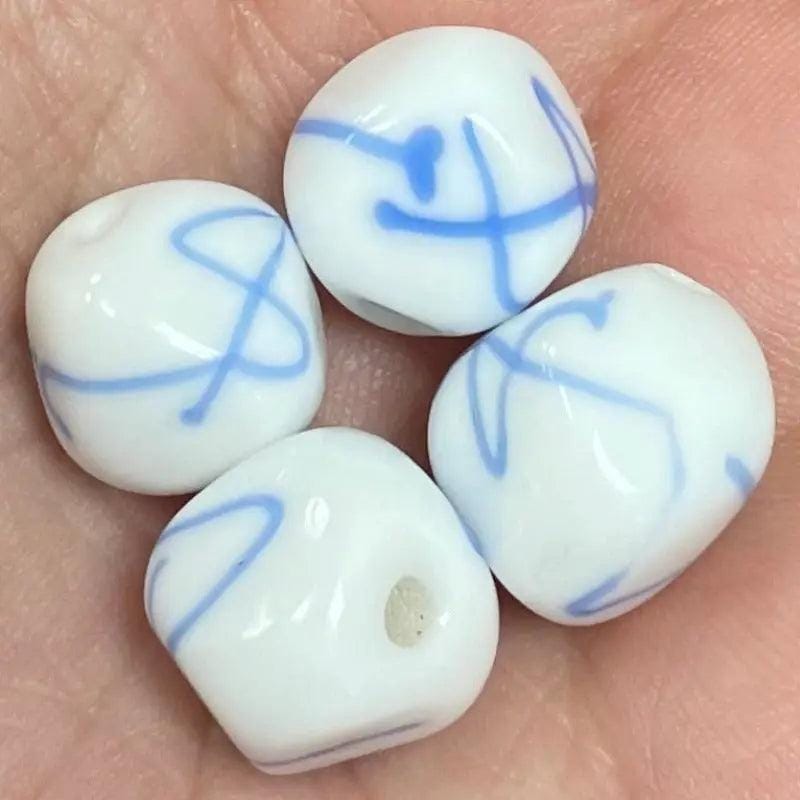 4 Vintage Blue White Japan Ribbon Glass Beads