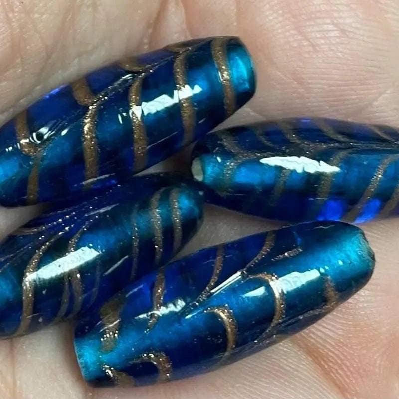 6 Vintage Blue Capri Aventurine Striped Oval Glass Beads