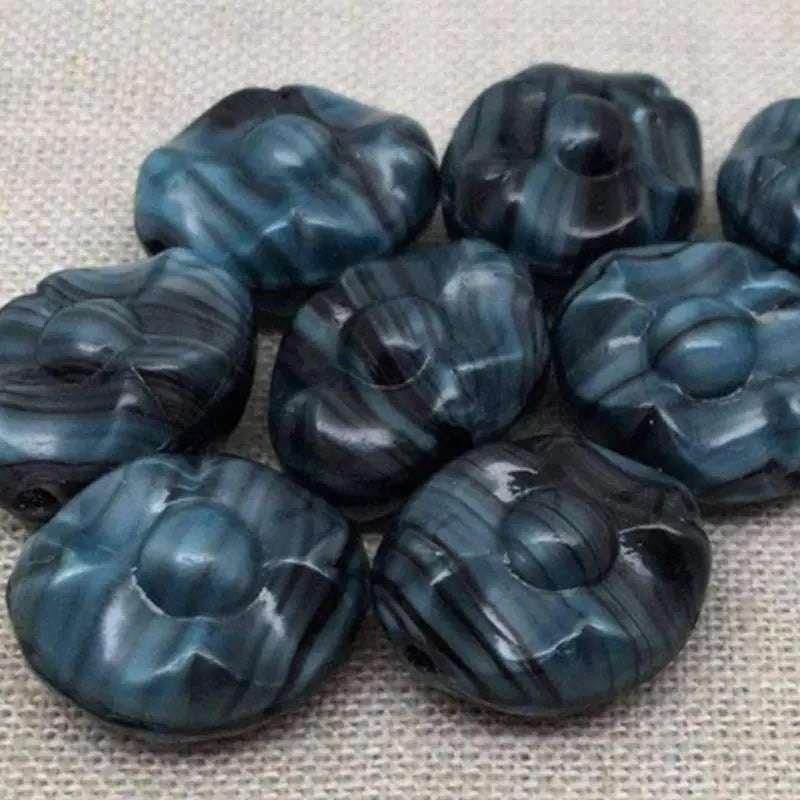 10 Vintage Blue German Pressed Striped Oval Glass Beads