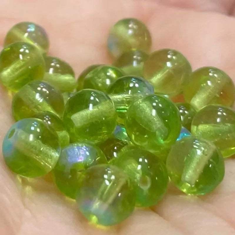 100 Vintage Green Olivine AB Czech Round Glass Beads