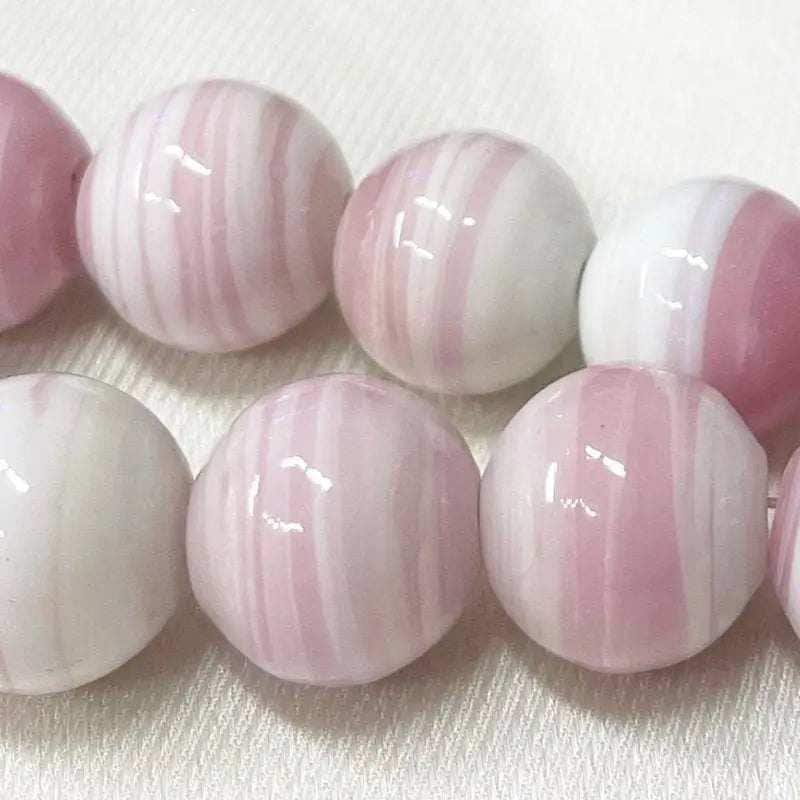 12 Vintage Pink White Japan  Striped Round Glass Beads