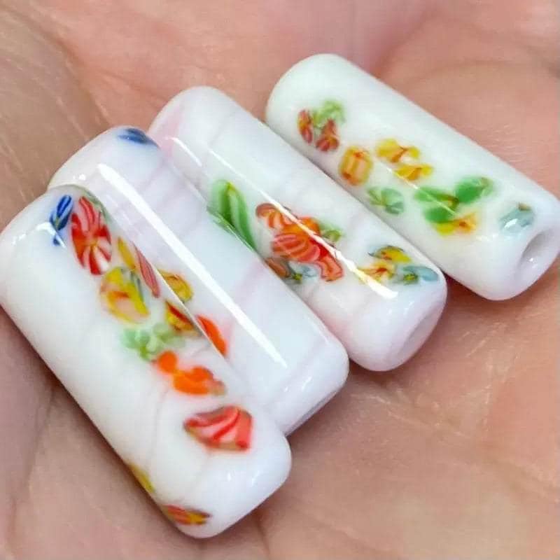 4 Vintage White Pink Japan Millefiori Glass Beads