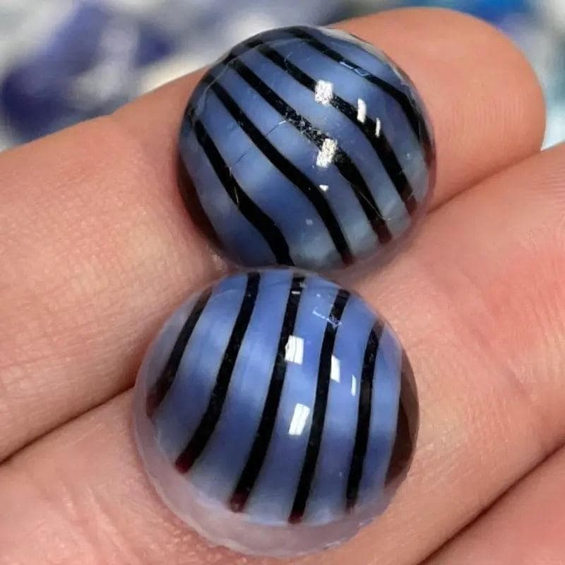 4 Vintage Blue Striped Round Glass Cabochons