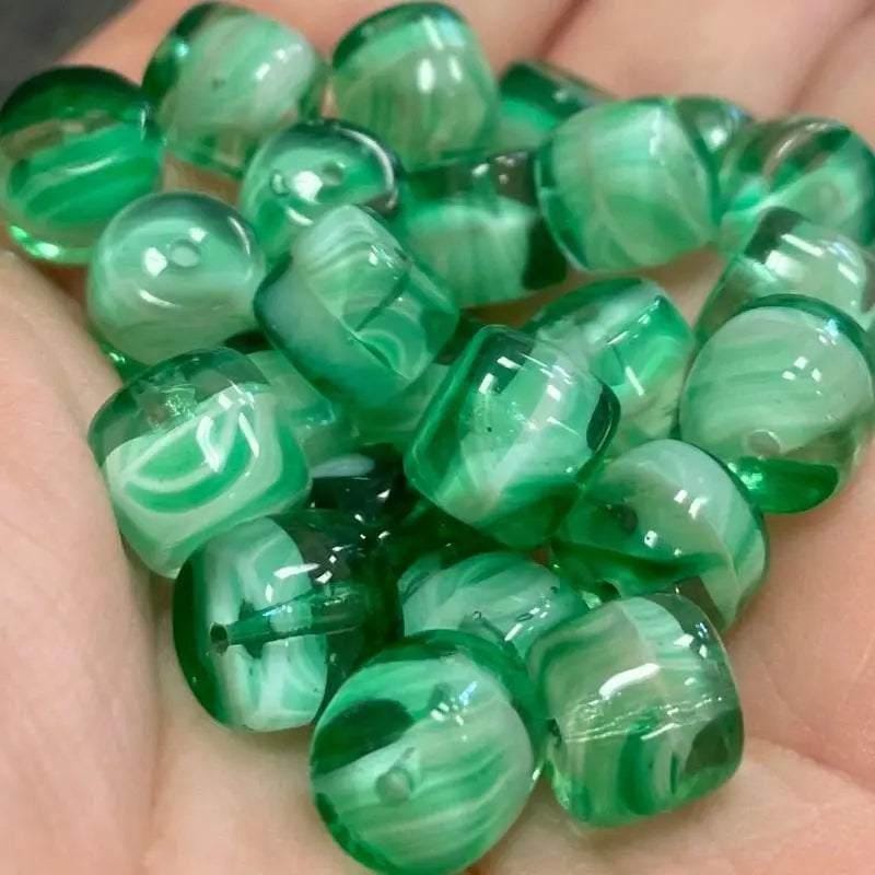 25 Vintage Green Czech Striped Glass Beads