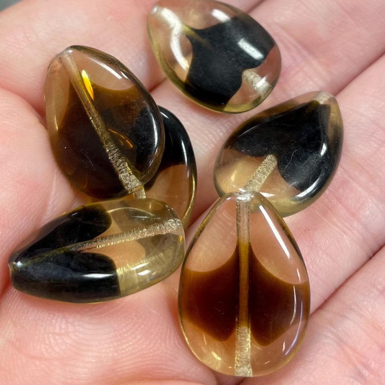 6 Vintage Yellow Brown Flat Teardrop Glass Beads #8980