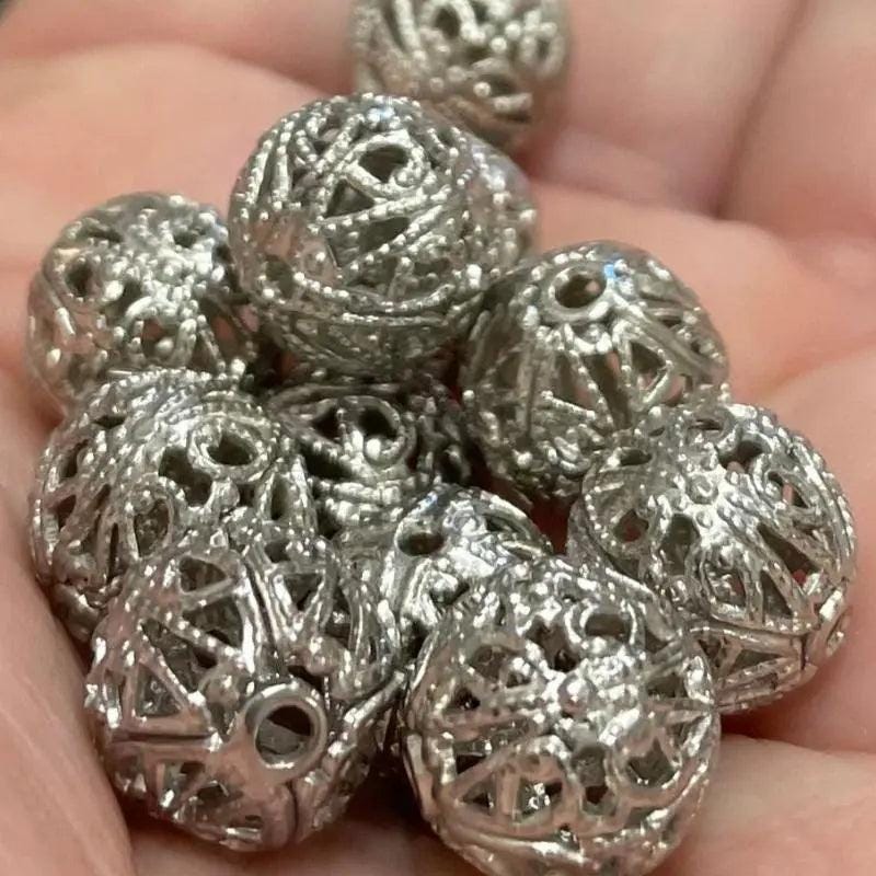 12 Vintage Silver Plated Filigree Metal Beads