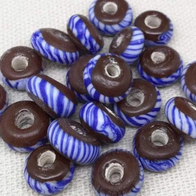 10 Vintage Blue White African Ring Striped Glass Beads