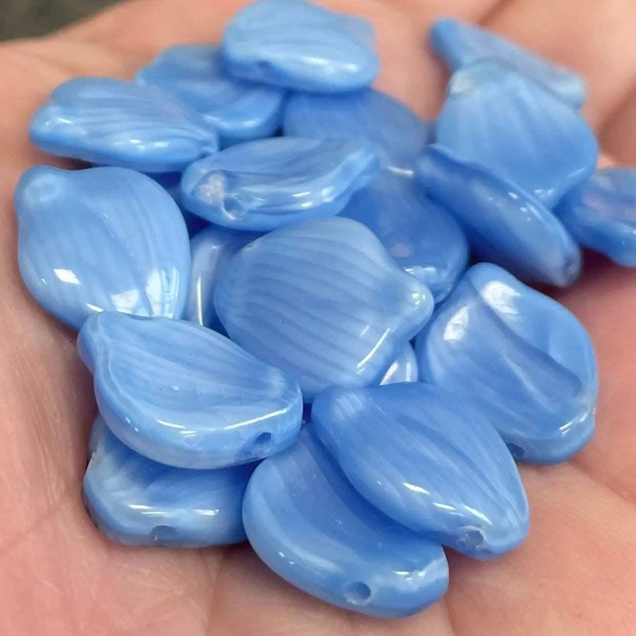 25 Blue Czech Striped Silky Wavy Glass Petal Beads