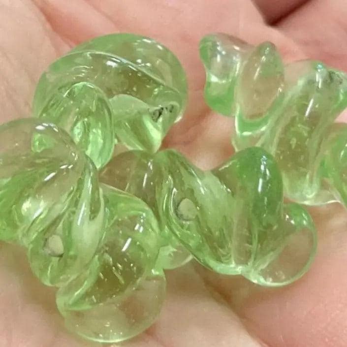 6 Vintage Green Light Spiral Glass Beads