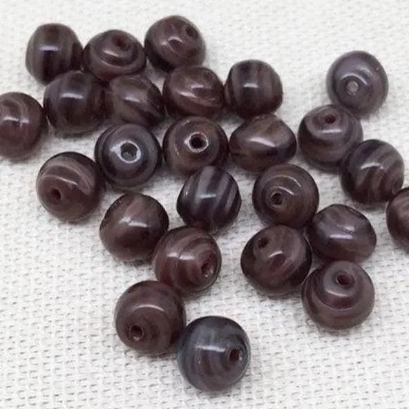 50 Vintage Brown Japan Round Striped Glass Beads