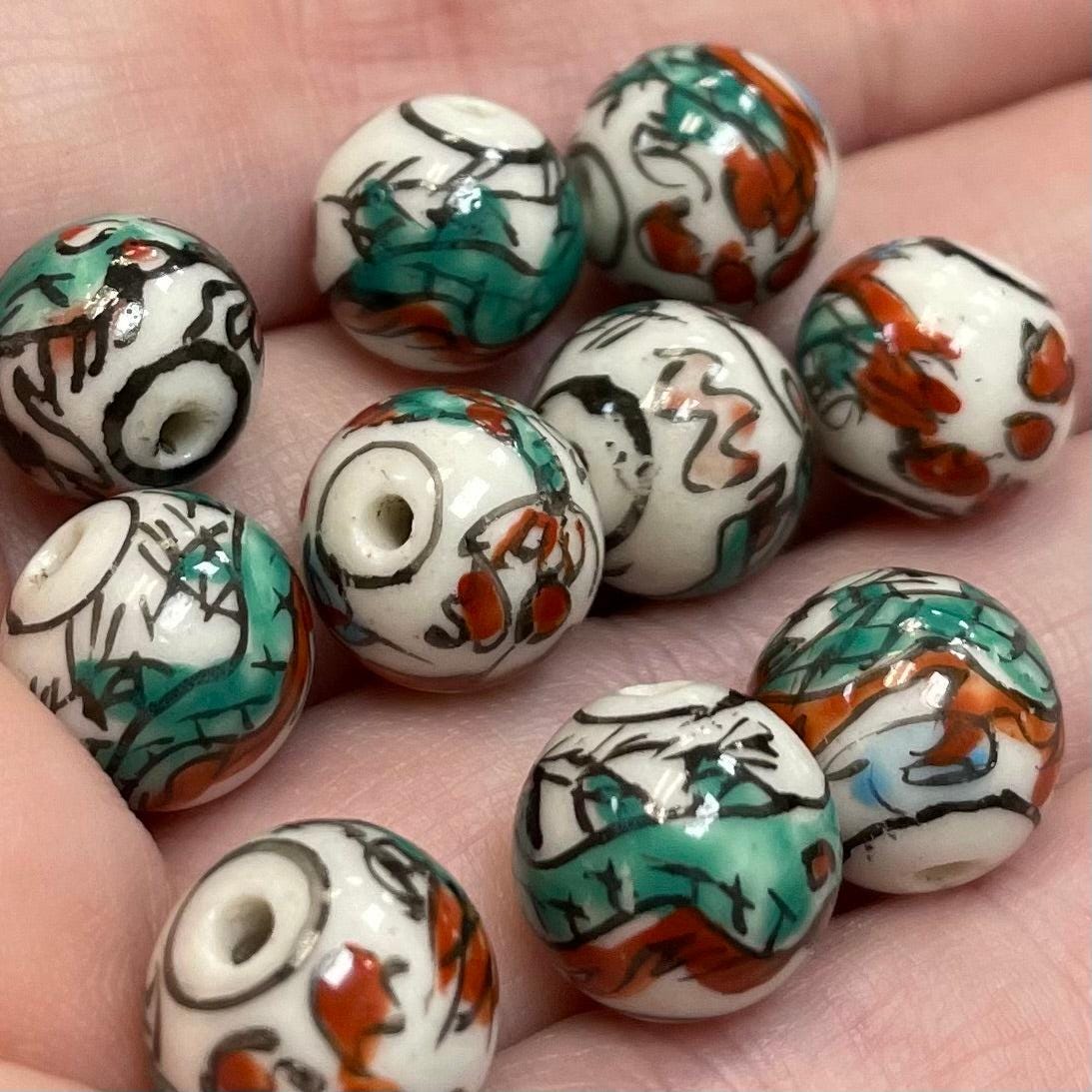 10 Vintage White Green Dragon Porcelain Beads