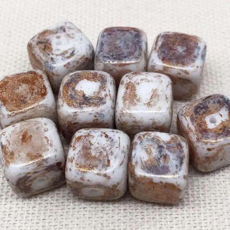 10 Vintage Brown Austrian Picasso Cube Glass Beads