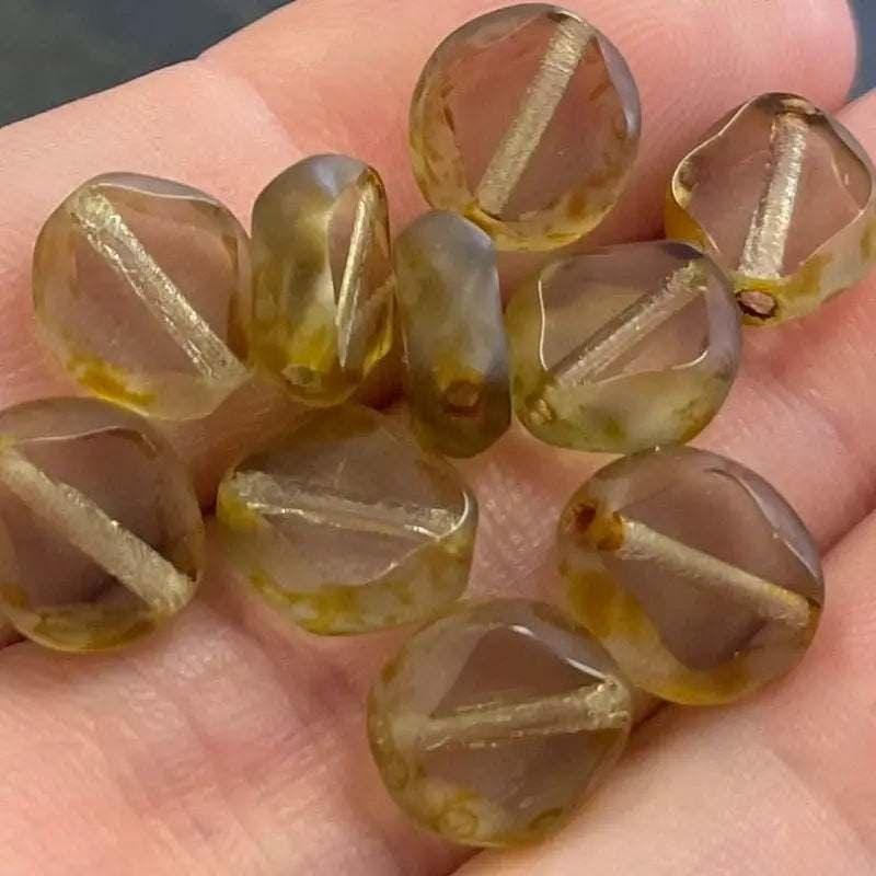 20 Vintage Brown Golden Czech Picasso Window Glass Beads