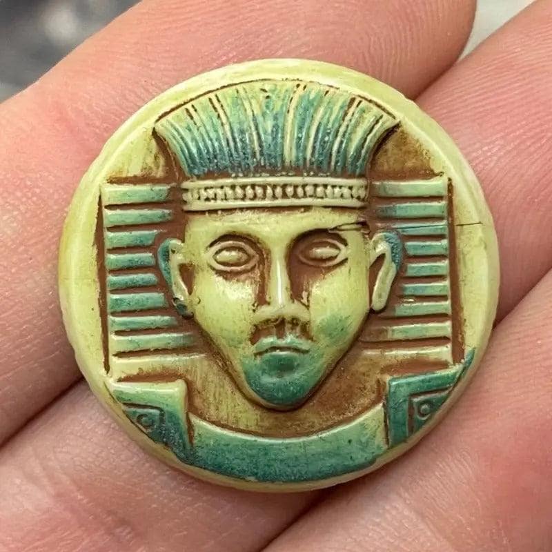 2 Vintage Green Czech Egyptian Round Glass Cabochons