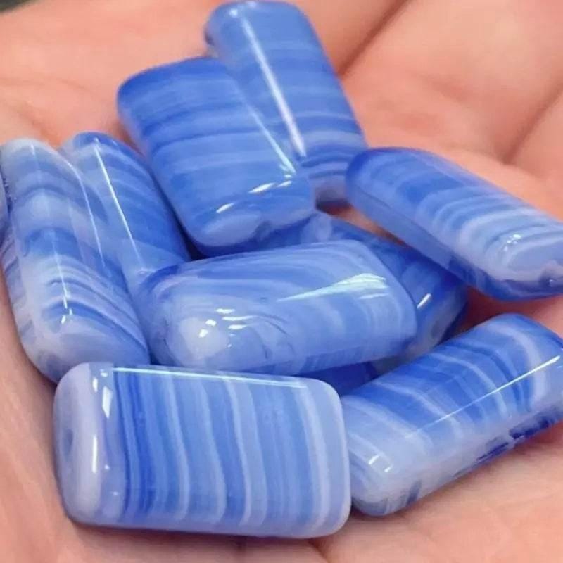 10 Vintage Blue White German Striped Rectangle Glass Beads