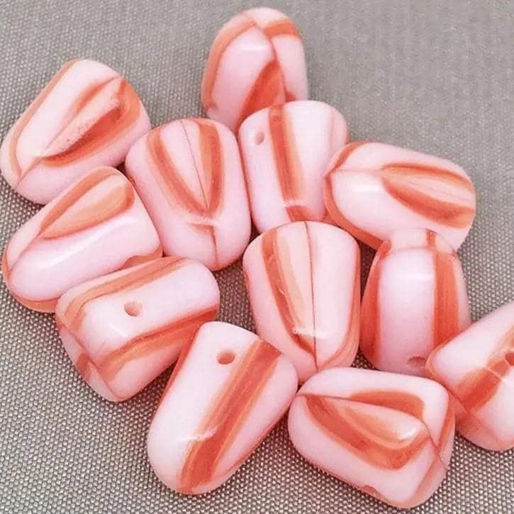 12 Red White Creamsicle Czech Gumdrop Striped Glass Beads