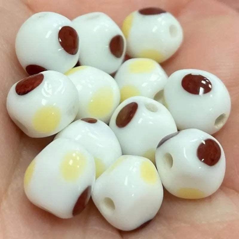 12 Vintage White Brown Yellow Japan Dot Glass Beads