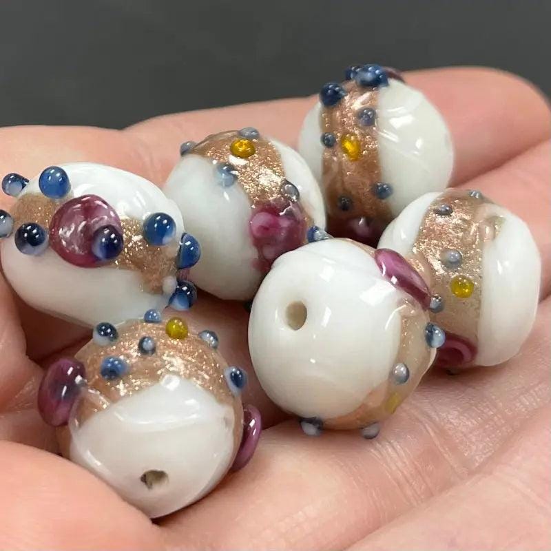 6 Vintage White Wedding Cake Style Glass Beads