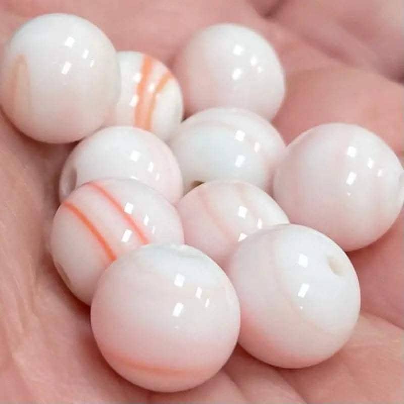 10 Vintage White Peach Pink Striped Round Japan Glass Beads