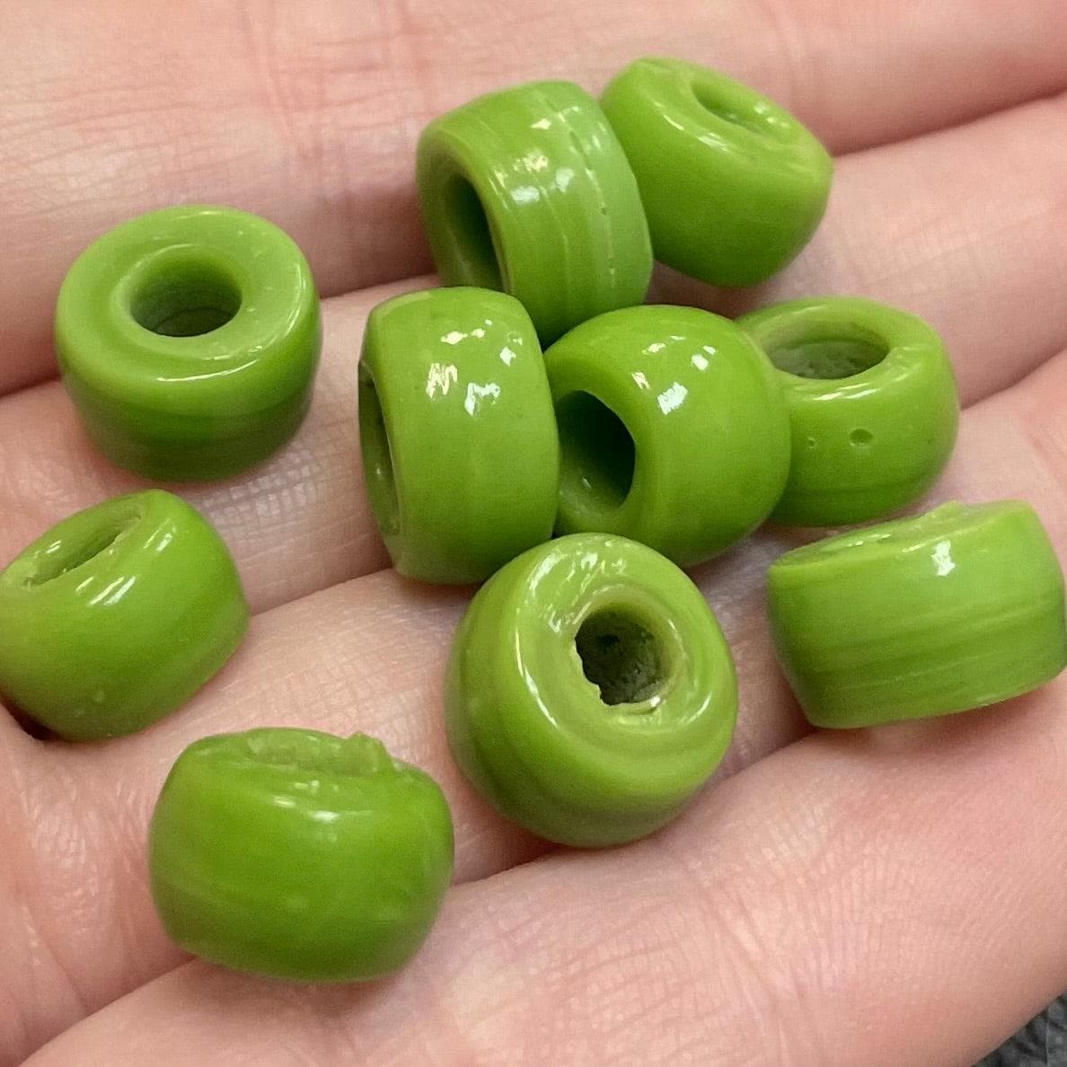10 Vintage Handmade Green Pony Crow Large Hole Glass Beads