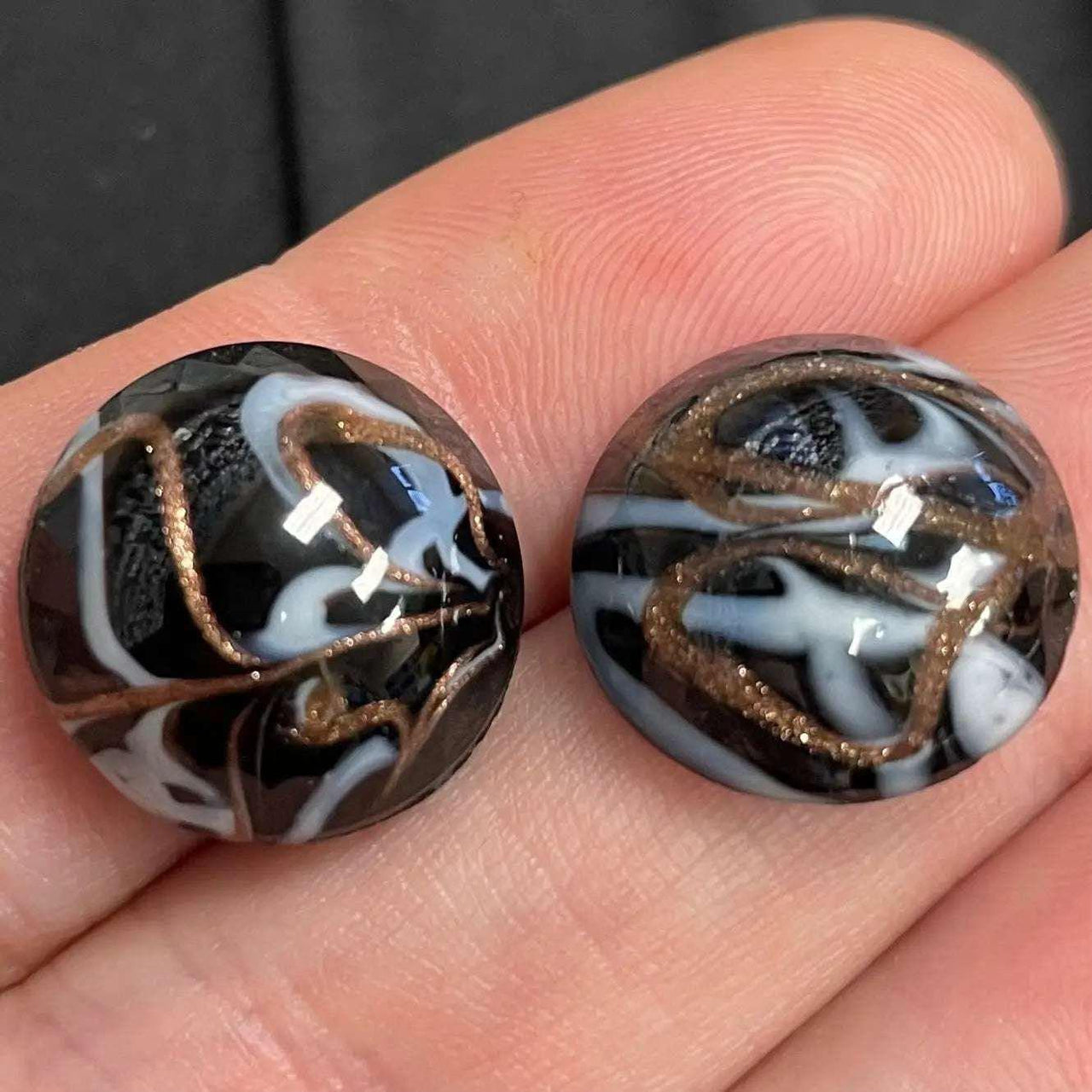 2 Vintage Black Japan Swirl Round Glass Cabochons