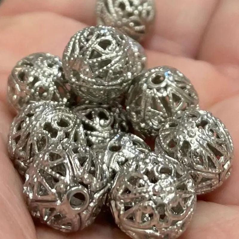 12 Vintage Silver Plated Filigree Metal Beads
