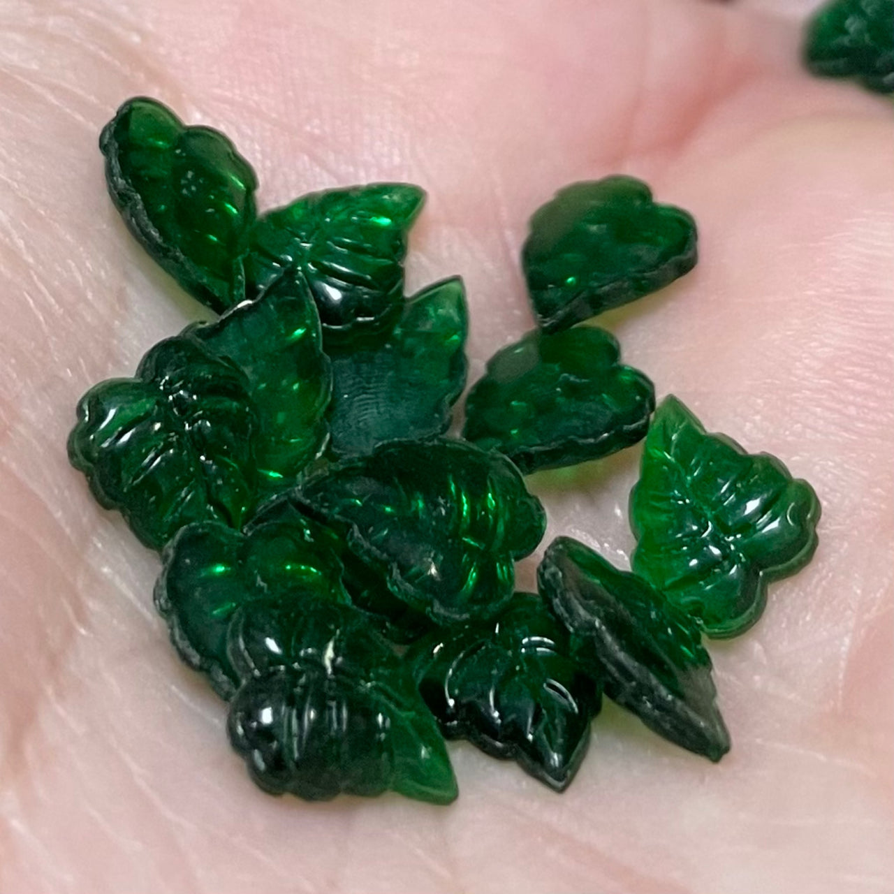24 Vintage Green German Leaf Glass Stones