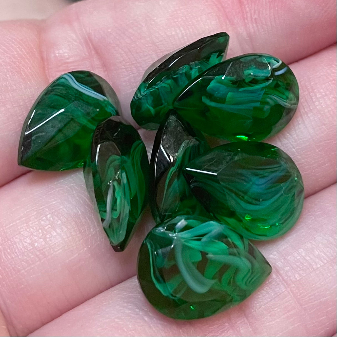 6 Vintage Green Creamy Transparent Pear Glass Stones