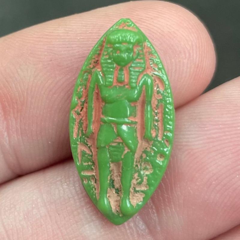 2 Vintage Green Standing Egyptian King Navette Glass Cabochons