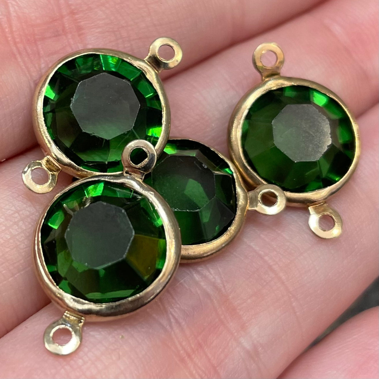 4 Vintage Green Tourmaline Swarovski Two Loop Channel Rhinestone Connectors Art #1110