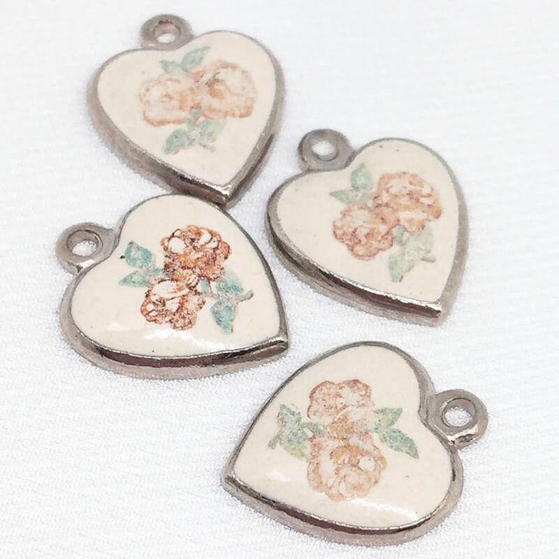 4 Vintage Plated Silver Enameled Floral Heart Metal Charms