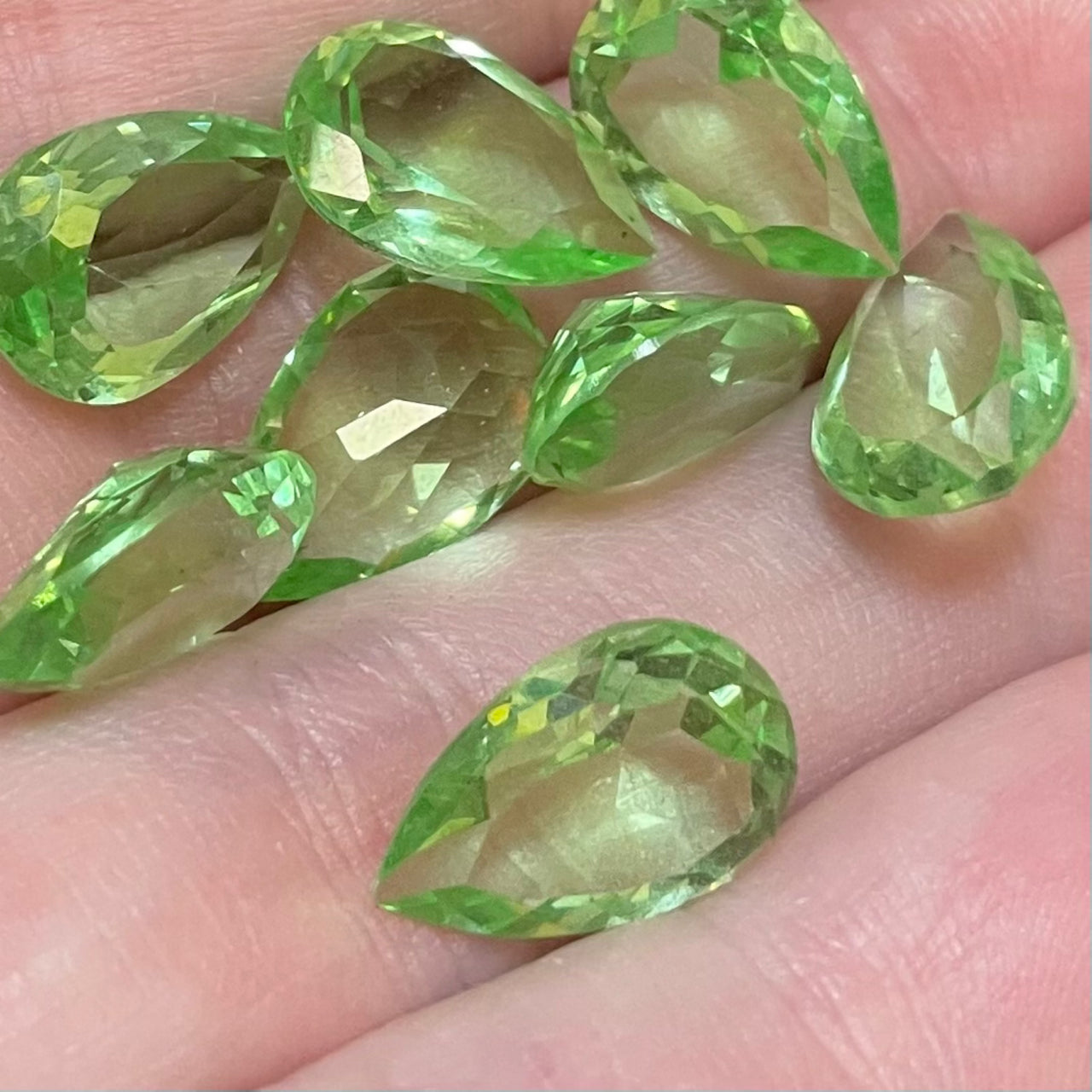 8 Vintage Green Light Faceted Teardrop Glass Stones